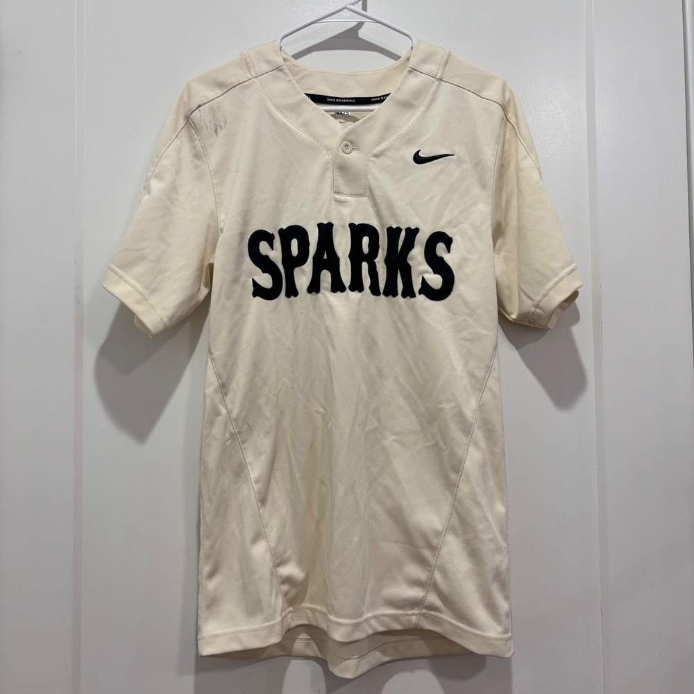 Nike Baseball Sparks Jersey Mens Small Cream Henley 2 Button Short Sleeve #21